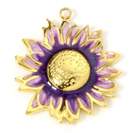 Picture of 1 Piece Vacuum Plating 304 Stainless Steel Pastoral Style Charms Gold Plated Purple Sunflower Enamel 23mm x 20.5mm