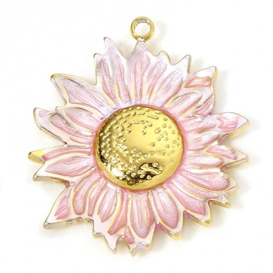 Picture of 1 Piece Vacuum Plating 304 Stainless Steel Pastoral Style Charms Gold Plated Light Pink Sunflower Enamel 23mm x 20.5mm