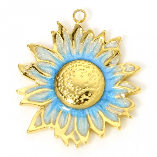 Picture of 1 Piece Vacuum Plating 304 Stainless Steel Pastoral Style Charms Gold Plated Blue Sunflower Enamel 23mm x 20.5mm