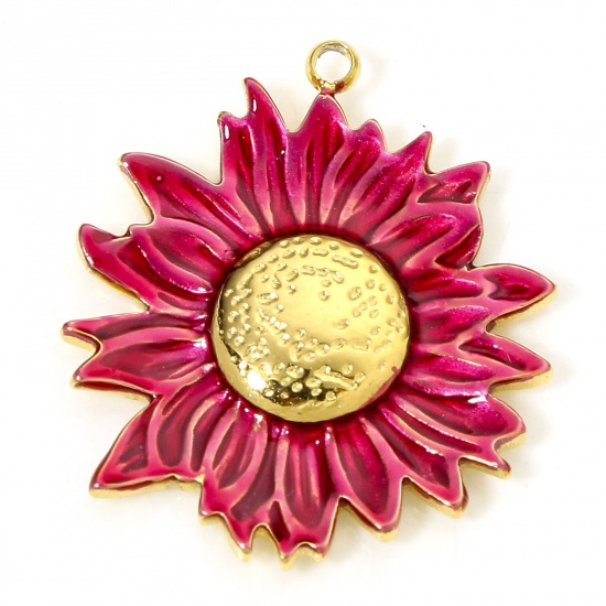Picture of 1 Piece Vacuum Plating 304 Stainless Steel Pastoral Style Charms Gold Plated Fuchsia Sunflower Enamel 23mm x 20.5mm