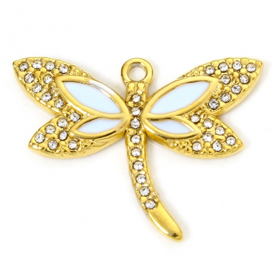 Picture of 1 Piece Vacuum Plating 304 Stainless Steel Insect Charms Gold Plated Light Blue Dragonfly Animal Enamel Clear Rhinestone 27.5mm x 21mm