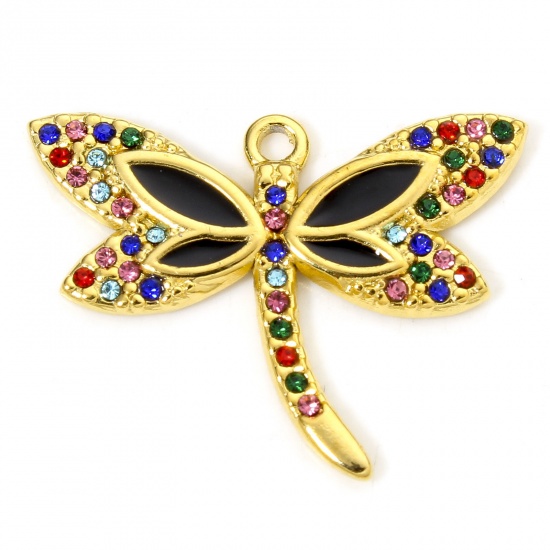 Picture of 1 Piece Vacuum Plating 304 Stainless Steel Insect Charms Gold Plated Black Dragonfly Animal Enamel Multicolor Rhinestone 27.5mm x 21mm