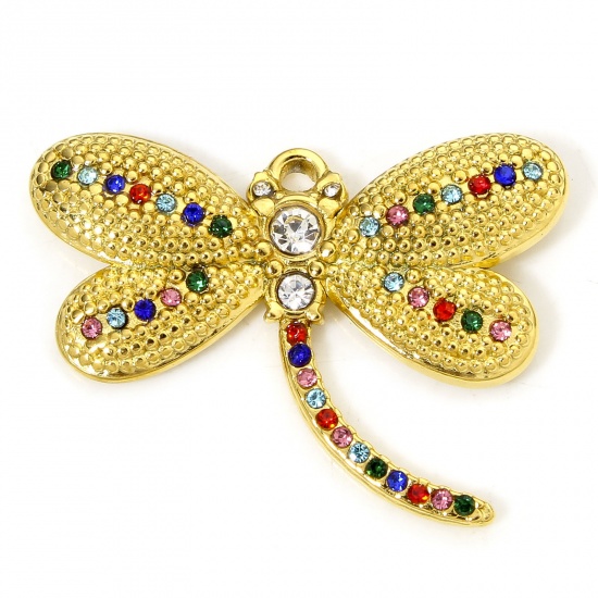 Picture of 1 Piece Vacuum Plating 304 Stainless Steel Insect Pendants Gold Plated Dragonfly Animal Multicolor Rhinestone 30.5mm x 22mm