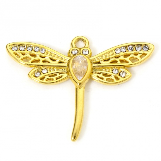 Picture of 1 Piece Vacuum Plating 304 Stainless Steel Insect Charms Gold Plated Dragonfly Animal Clear Rhinestone 29.5mm x 22mm