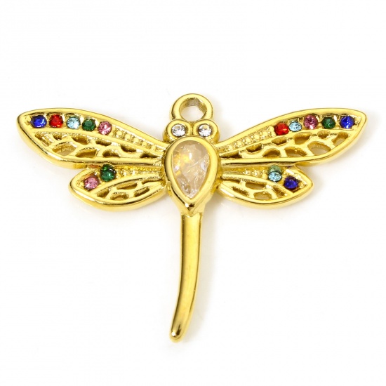 Picture of 1 Piece Vacuum Plating 304 Stainless Steel Insect Charms Gold Plated Dragonfly Animal Multicolor Rhinestone 29.5mm x 22mm