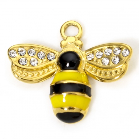 Picture of Eco-friendly 304 Stainless Steel Pastoral Style Charms Gold Plated Multicolor Bee Animal Sunflower Enamel Clear Rhinestone