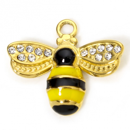Picture of 1 Piece Vacuum Plating 304 Stainless Steel Insect Charms Gold Plated Black & Yellow Bee Animal Enamel Clear Rhinestone 21mm x 18mm