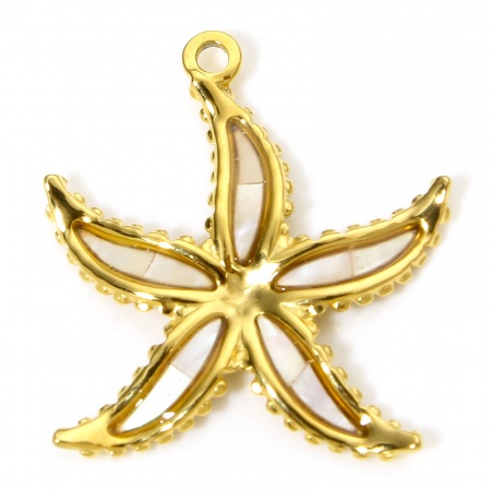 Picture of 1 Piece Vacuum Plating 304 Stainless Steel & Shell Ocean Jewelry Charms Gold Plated Starfish 27mm x 24.5mm