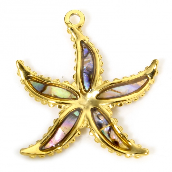 Immagine di 1 Piece Vacuum Plating 304 Stainless Steel & Shell Ocean Jewelry Charms Gold Plated Star Fish 27mm x 24.5mm