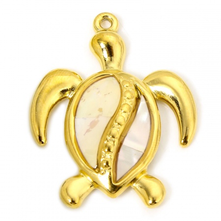 Picture of 1 Piece Vacuum Plating 304 Stainless Steel & Shell Ocean Jewelry Pendants Gold Plated Sea Turtle Animal 30.5mm x 24.5mm