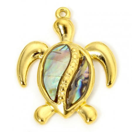 Picture of 1 Piece Vacuum Plating 304 Stainless Steel & Shell Ocean Jewelry Pendants Gold Plated Sea Turtle Animal 30.5mm x 24.5mm