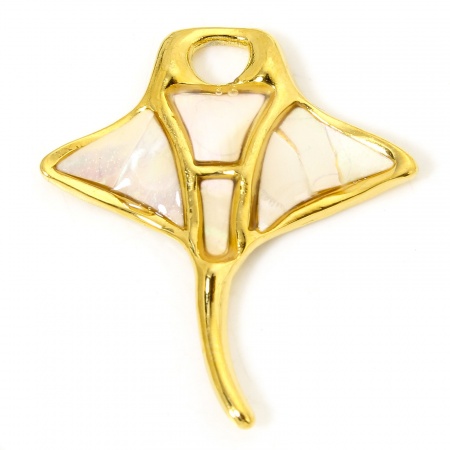 Picture of 1 Piece Vacuum Plating 304 Stainless Steel & Shell Ocean Jewelry Charms Gold Plated Manta Ray Fish 29.5mm x 26.5mm