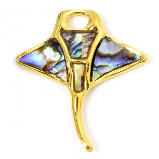 Immagine di 1 Piece Vacuum Plating 304 Stainless Steel & Shell Ocean Jewelry Charms Gold Plated Manta Ray Fish 29.5mm x 26.5mm