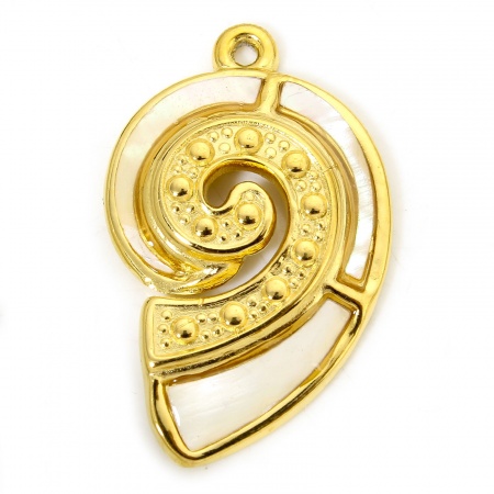 Picture of 1 Piece Vacuum Plating 304 Stainless Steel & Shell Ocean Jewelry Charms Gold Plated Conch/ Sea Snail 28mm x 17.5mm