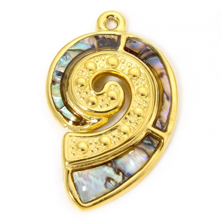 Picture of 1 Piece Vacuum Plating 304 Stainless Steel & Shell Ocean Jewelry Charms Gold Plated Conch/ Sea Snail 28mm x 17.5mm