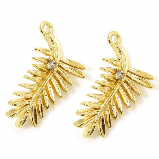 Picture of 2 PCs Eco-friendly Brass Charms 18K Gold Plated Leaf Clear Cubic Zirconia 19mm x 10mm