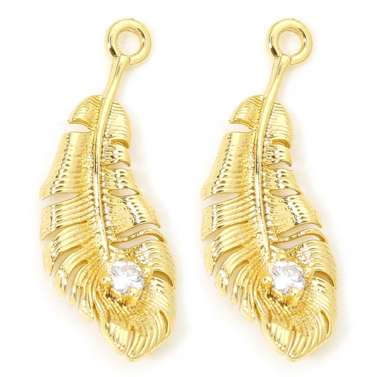 Immagine di 2 PCs Eco-friendly Brass Charms 18K Gold Color Feather Clear Cubic Zirconia 21mm x 8mm