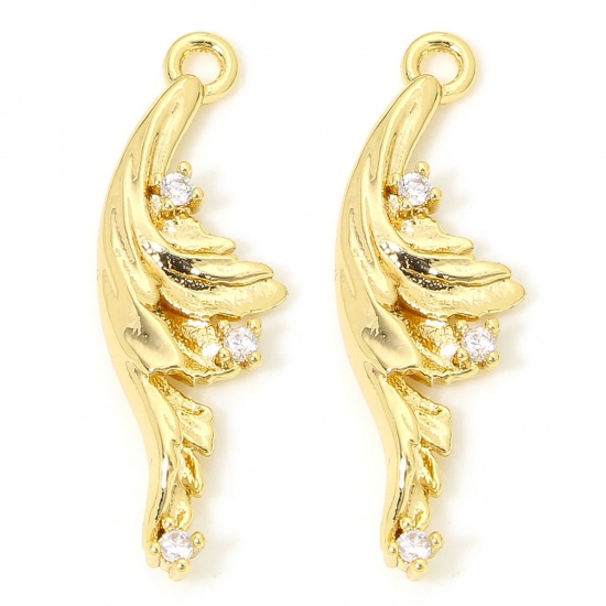 Picture of 2 PCs Eco-friendly Brass Charms 18K Gold Plated Leaf Clear Cubic Zirconia 22mm x 7mm