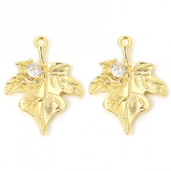 Immagine di 2 PCs Eco-friendly Brass Charms 18K Gold Color Maple Leaf Clear Cubic Zirconia 20mm x 15mm