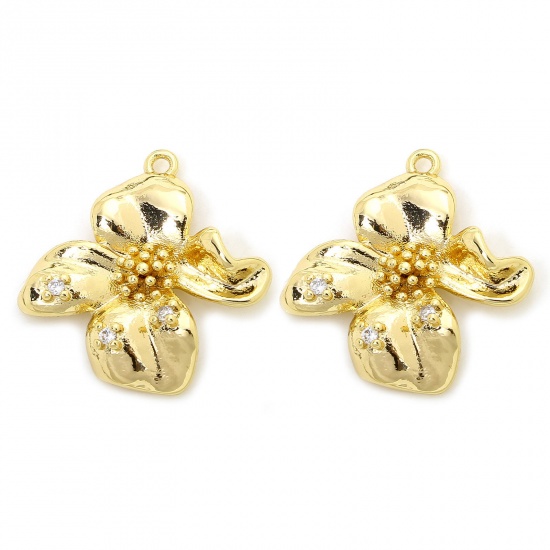 Picture of 2 PCs Eco-friendly Brass Charms 18K Gold Plated Flower Clear Cubic Zirconia 19mm x 19mm