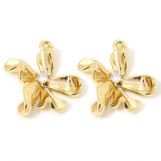 Immagine di 2 PCs Eco-friendly Brass Charms 18K Gold Color Flower Clear Cubic Zirconia 20mm x 18mm