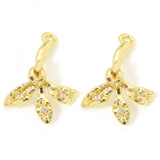 Picture of 2 PCs Eco-friendly Brass Charms 18K Gold Plated Leaf Clear Cubic Zirconia 20mm x 15mm