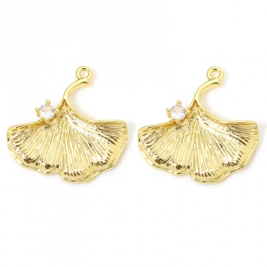 Picture of 2 PCs Eco-friendly Brass Charms 18K Gold Plated Gingko Leaf Clear Cubic Zirconia 19mm x 19mm