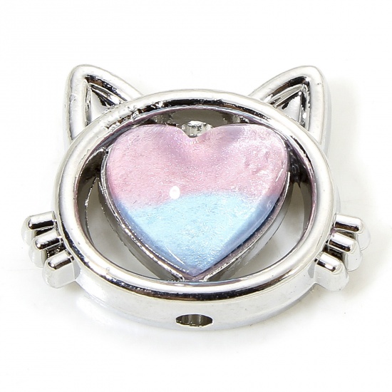 Immagine di 5 PCs Zinc Based Alloy Spacer Beads For DIY Charm Jewelry Making Silver Tone Blue Violet At Random Mixed Color Cat Animal Heart With Resin Cabochons About 17mm x 13mm, Hole: Approx 1.5mm