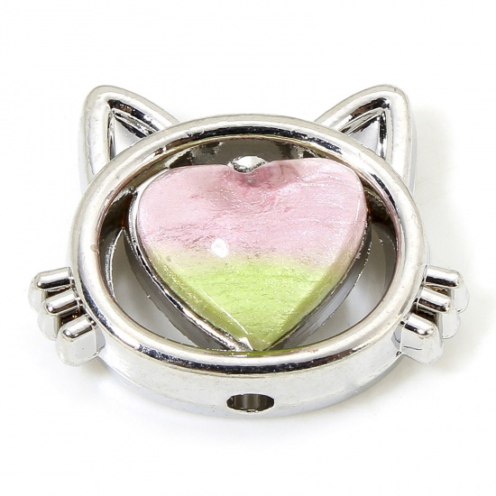 Immagine di 5 PCs Zinc Based Alloy Spacer Beads For DIY Charm Jewelry Making Silver Tone Pink & Green At Random Mixed Color Cat Animal Heart With Resin Cabochons About 17mm x 13mm, Hole: Approx 1.5mm