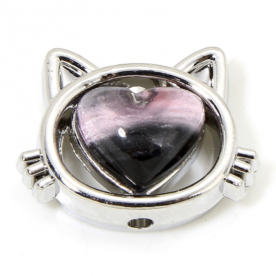 Immagine di 5 PCs Zinc Based Alloy Spacer Beads For DIY Charm Jewelry Making Silver Tone Black & Pink At Random Mixed Color Cat Animal Heart With Resin Cabochons About 17mm x 13mm, Hole: Approx 1.5mm