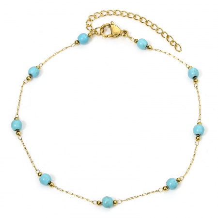 Bild von Großhandel Blau 304 Edelstahl & Halbedelstein Kreuz Gliederketten Station Fußkettchen, 18K Vergoldet Umweltfreundliche PVD, Frauen Stilvoll Geschenk Schmuckbedarf, 21cm lang, 1 Strang