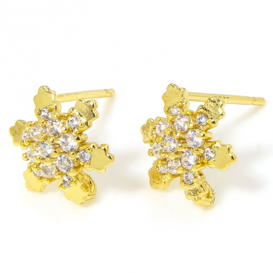 Picture of 2 PCs Hypoallergenic Brass Cute Earring Accessories 18K Gold Plated Christmas Snowflake Clear Rhinestone 10mm x 9mm, Post/ Wire Size: (20 gauge)