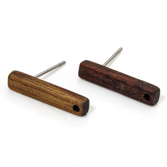 Picture of 2 PCs Wood Ear Post Stud Earrings Findings Rectangle Brown With Loop 18mm x 3.5mm, Post/ Wire Size: (21 gauge)