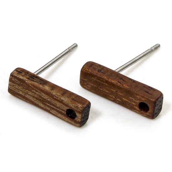 Picture of 2 PCs Wood Ear Post Stud Earrings Findings Rectangle Brown With Loop 12mm x 3.5mm, Post/ Wire Size: (21 gauge)