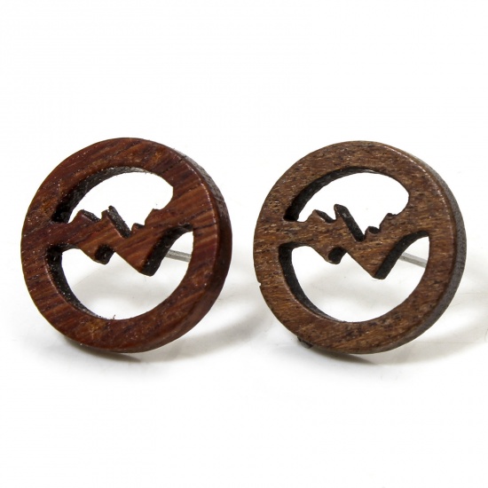 Picture of 2 PCs Wood Ear Post Stud Earrings Findings Round Brown Mountain With Loop 16mm Dia., Post/ Wire Size: (21 gauge)