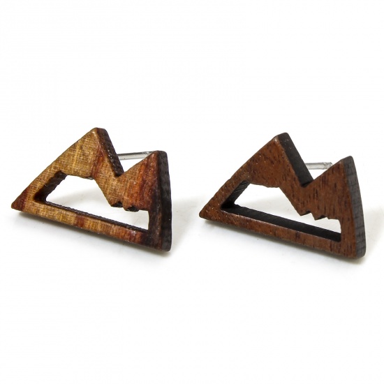 Picture of 2 PCs Wood Ear Post Stud Earrings Findings Mountain Brown With Loop 16mm x 10mm, Post/ Wire Size: (21 gauge)