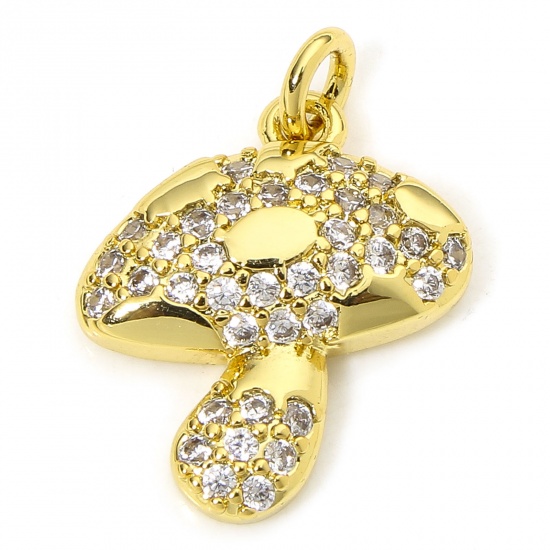 Immagine di 1 Piece Eco-friendly Brass Micro Pave Charms 18K Real Gold Plated Mushroom Clear Cubic Zirconia 18mm x 13mm