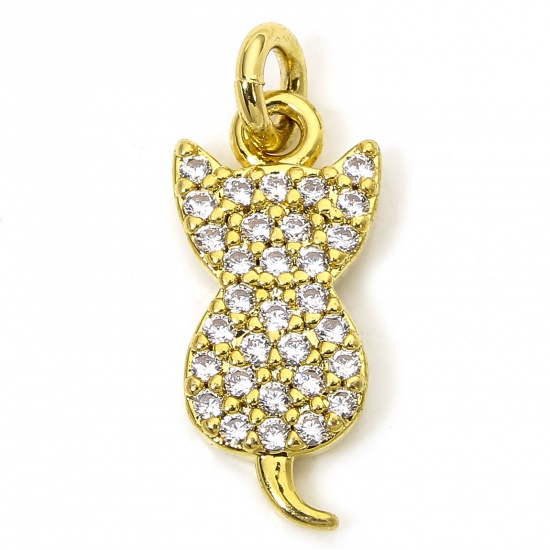Immagine di 1 Piece Eco-friendly Brass Micro Pave Charms 18K Real Gold Plated Cat Animal Clear Cubic Zirconia 17mm x 7mm