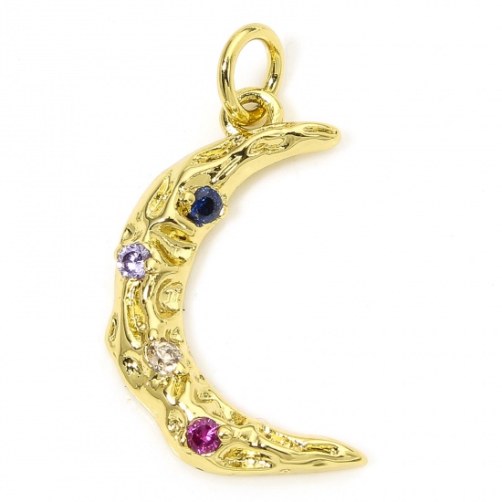Immagine di 1 Piece Eco-friendly Brass Galaxy Charms 18K Real Gold Plated Half Moon Multicolour Cubic Zirconia 23mm x 12mm