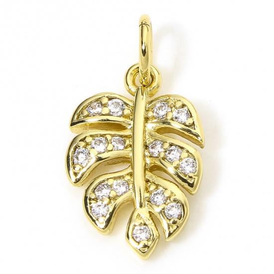 Immagine di 1 Piece Eco-friendly Brass Micro Pave Charms 18K Real Gold Plated Monstera Leaf Clear Cubic Zirconia 18mm x 9mm