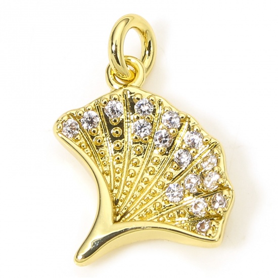Immagine di 1 Piece Eco-friendly Brass Charms 18K Real Gold Plated Gingko Leaf Clear Cubic Zirconia 14mm x 9mm