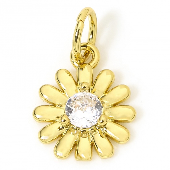 Immagine di 1 Piece Eco-friendly Brass Micro Pave Charms 18K Real Gold Plated Flower Clear Cubic Zirconia 15mm x 9mm
