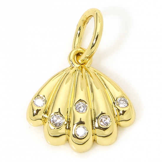 Immagine di 1 Piece Eco-friendly Brass Charms 18K Real Gold Plated Shell Clear Cubic Zirconia 12mm x 10mm