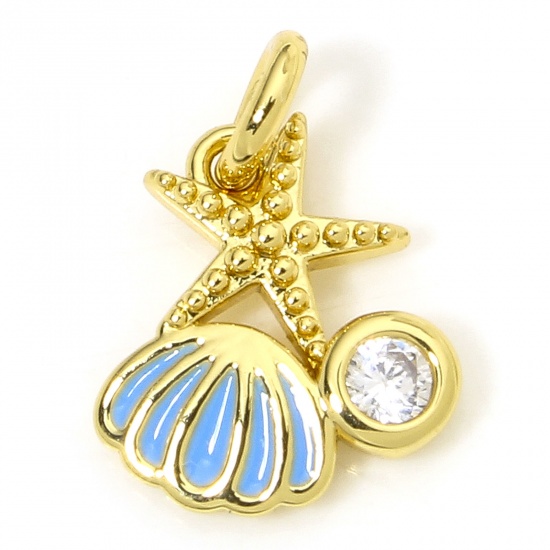 Immagine di 1 Piece Eco-friendly Brass Ocean Jewelry Charms 18K Real Gold Plated Blue Shell Star Fish Clear Cubic Zirconia Enamel 12mm x 9mm