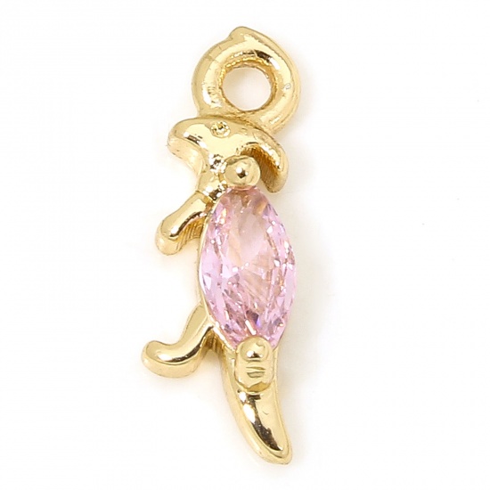 Picture of 1 Piece Eco-friendly Brass Charms 18K Real Gold Plated Dinosaur Animal Pink Rhinestone 13mm x 5mm