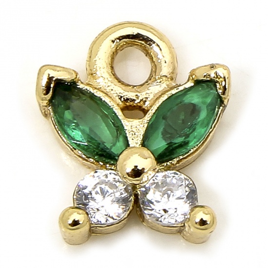 Picture of 1 Piece Eco-friendly Brass Insect Charms 18K Real Gold Plated Butterfly Animal Green Rhinestone 8mm x 7mm