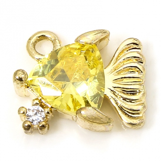 Picture of 1 Piece Eco-friendly Brass Ocean Jewelry Charms 18K Real Gold Plated Fish Animal Yellow Rhinestone 10mm x 8mm