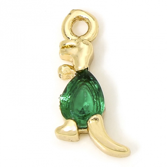 Picture of 1 Piece Eco-friendly Brass Charms 18K Real Gold Plated Dinosaur Animal Green Rhinestone 13mm x 7mm