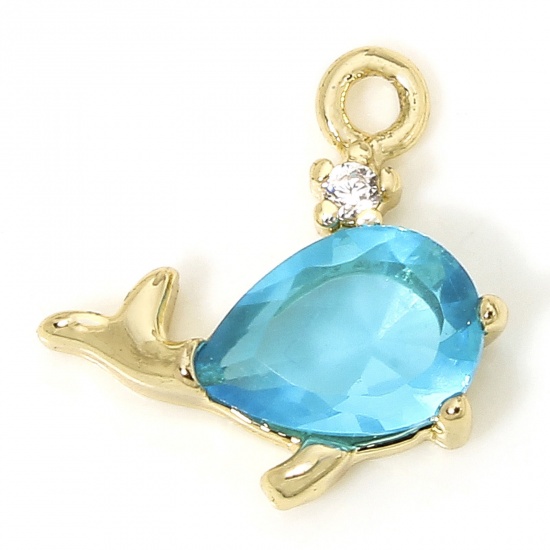 Picture of 1 Piece Eco-friendly Brass Ocean Jewelry Charms 18K Real Gold Plated Whale Animal Blue Rhinestone 11mm x 11mm