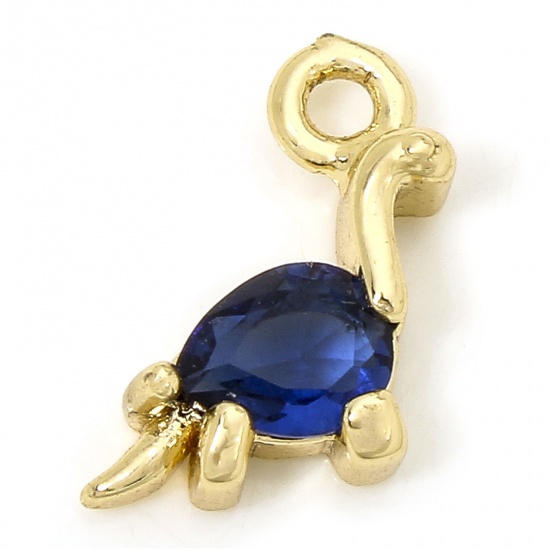Picture of 1 Piece Eco-friendly Brass Charms 18K Real Gold Plated Dinosaur Animal Dark Blue Rhinestone 11mm x 9mm
